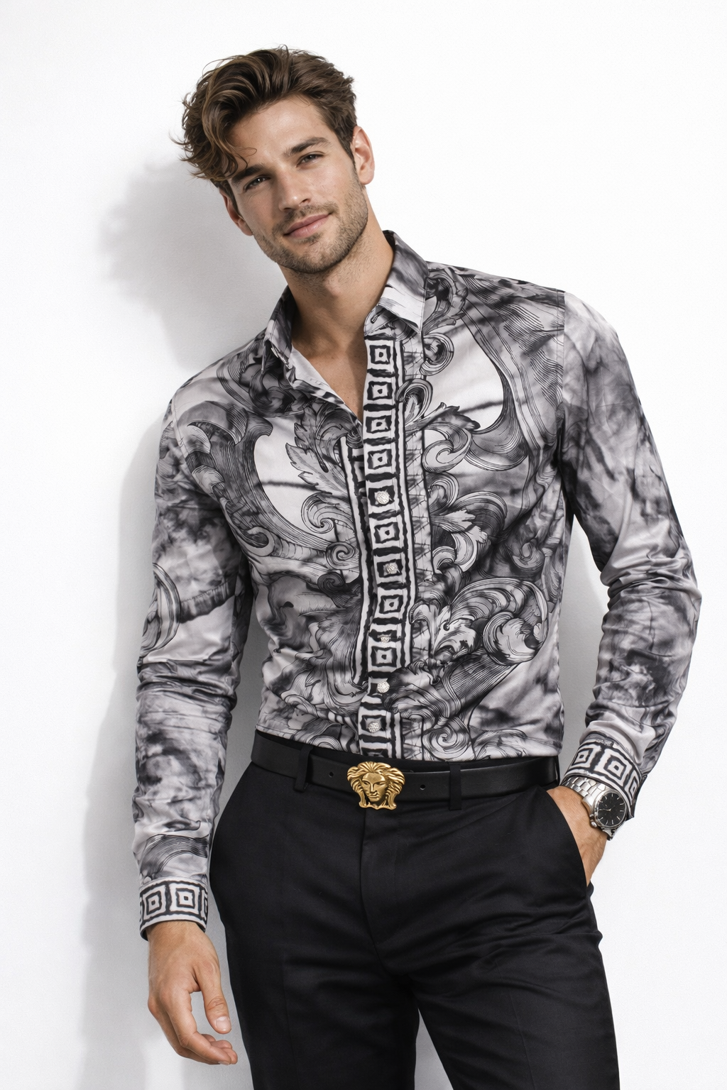Camicia Uomo Versace Baroque Monochrome in Seta – Camicia Luxury Vintage Made in Italy Immagine secondaria del prodotto