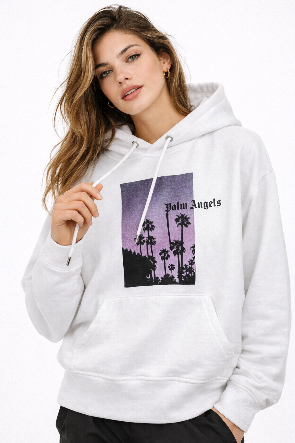 Felpa Palm Angels con Cappuccio Bianca in Cotone 100% con Stampa Palme Viola – Made in Italy